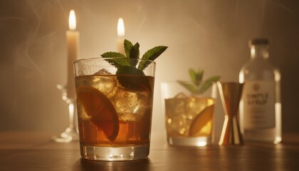Classic amber cocktail with ice cubes, an orange slice, and fresh mint garnish sits on a wooden table in the warm, smoky glow of candlelight