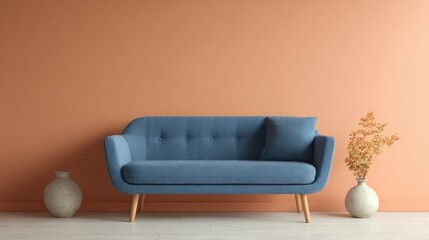 Modern living room with a blue sofa against an orange wall. the sofa has a tufted backrest and wooden legs. on either side of the sofa, there are two white vases with orange flowers in them.