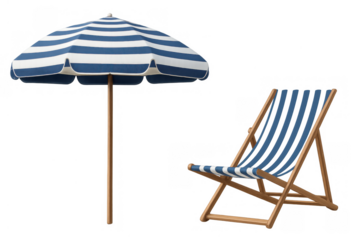 Striped beach umbrella and deck chair set ready for summer holiday vacation and tropical relaxation, transparent background