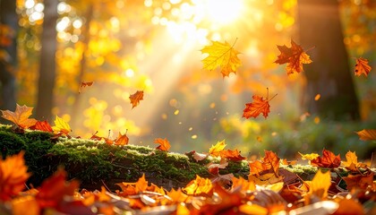 Autumnal spectacle capturing the beauty of falling leaves illuminated by golden sunlight