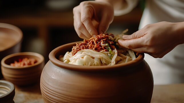 Preparing a traditional fermented dish in a clay pot. Fresh ingredients and spices being mixed by hand, creating a flavorful and healthy meal. Time-honored culinary practice.
