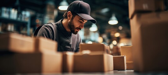 Logistics Worker Scanning Packages at Dispatch Station with Organized Boxes