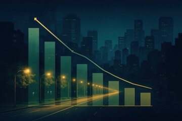 Obraz premium Urban Line Chart Representing Economic Decline Illuminated by Streetlights in a Nocturnal Cityscape Emphasizing Contemporary Urban Dynamics captured with clarity