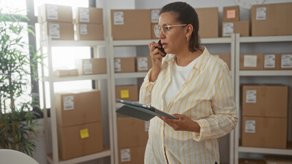 Woman holds phone to ear and taps tablet amid packed boxes in storage building; focused small...