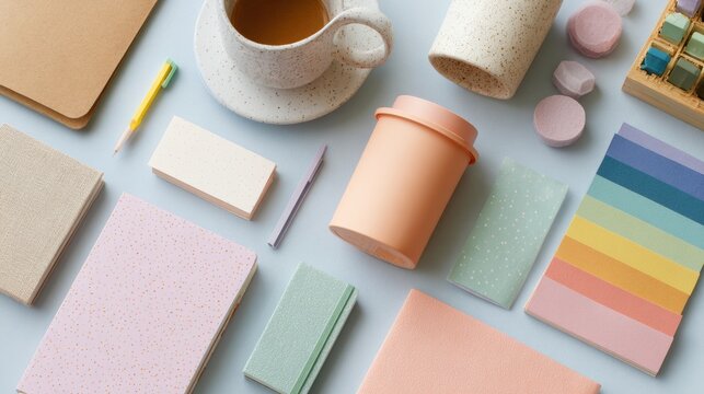 Flat lay of various stationery items arranged on a light blue background. - Powered by Adobe