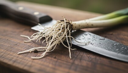 Fresh organic leek with earthy roots and soil rests on a wet chef knife blade with water droplets on a rustic wooden cutting board, ready for culinary preparation