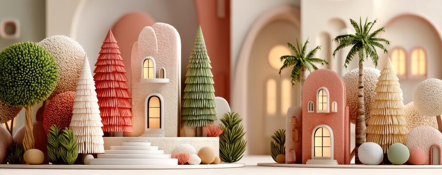 Cute 3D pastel Christmas tree scene with whimsical architecture and decorative trees for holiday decor