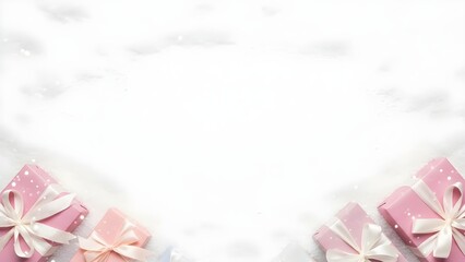 Naklejka premium Minimal white Christmas background with large copy space, pastel gift boxes, delicate ribbons, fresh snow texture and soft falling snowflakes, clean festive design for branding and marketing