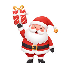 Fototapeta premium Happy santa claus holding a christmas gift isolated on transparent background
