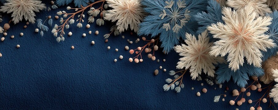 Blue background with white snowflakes framing edges and blue flowers for a festive winter scene - Powered by Adobe