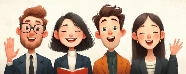 Group of diverse office workers smiling and waving together, professional team portrait