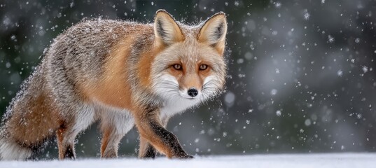 Fototapeta premium Charming fox walks gracefully through the snowy landscape, searching for food in winter s embrace.