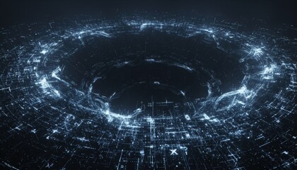 Glowing blue futuristic digital network forms a circular vortex in a high-tech visualization of complex information, data flow, and artificial intelligence