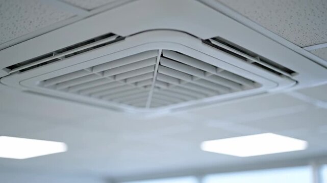 Hand adjusting ceiling mounted air conditioning vent for climate control and cooling in modern indoor space
