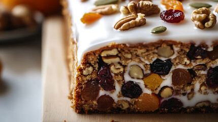 A delectable fruitcake slice showcased. The cake's rich texture, studded with nuts and dried fruits, is enhanced by a smooth white glaze. Topped with pecans, walnuts, dried apricot.