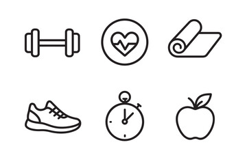 Set of black line icons representing fitness and a healthy lifestyle including a dumbbell, heart, yoga mat, sneaker, stopwatch, and apple in a minimalist graphic style