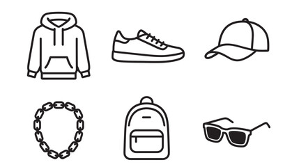 Six streetwear fashion and accessory line icons featuring a hoodie, sneaker, cap, chain, backpack, and sunglasses in a minimalist graphic style for apparel and urban lifestyle concepts