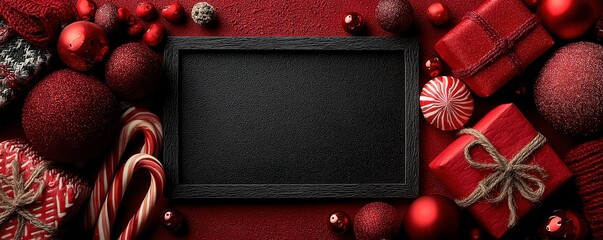 Obraz premium Festive Christmas chalkboard surrounded by gifts, ornaments and candy canes for a cozy holiday scene