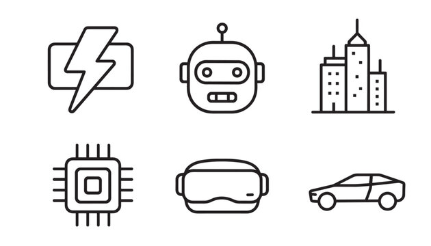 Set of six black line icons representing modern technology concepts like robotics, virtual reality, electric vehicles, smart cities, and microprocessors in a clean minimalist style