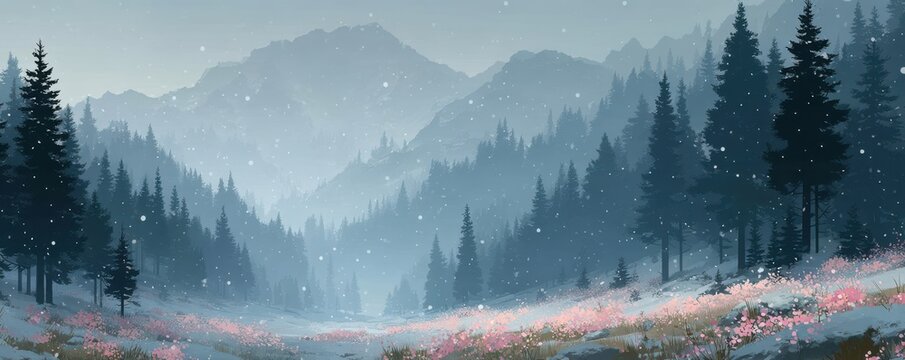 Winter forest scene with snowy valley, distant mountains, and pink flowers in the foreground - Powered by Adobe