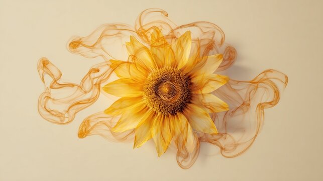 Sunflower Head Formed by Yellow and Orange Smoke on Beige Background
