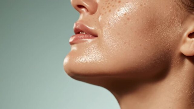 Close up profile view person face dewy skin freckles smooth healthy complexion