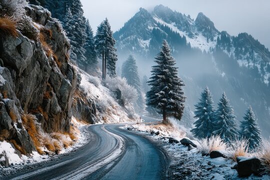 Winding winter road through snow-covered forest with fog and distant mountains