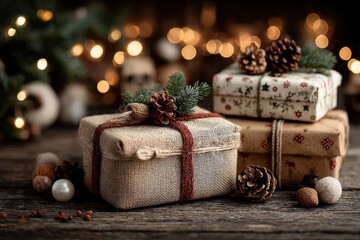 Rustic wrapped Christmas gifts arranged on a wooden table with pinecones and warm lights