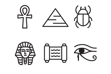 Fototapeta premium Set of ancient Egyptian cultural symbols featuring the ankh, pyramid, scarab beetle, pharaoh mask, papyrus scroll, and Eye of Horus, depicted in a minimalist black line art style