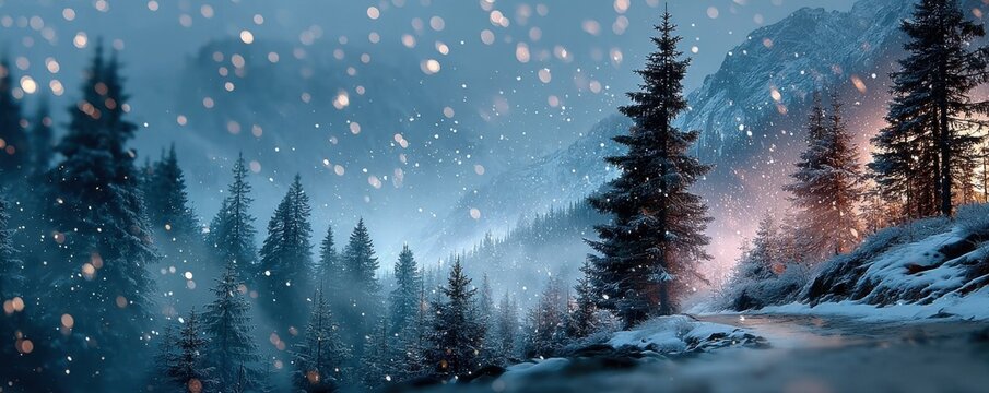 Snowy forest scene with falling snow and blurred background, a tranquil winter landscape at dusk