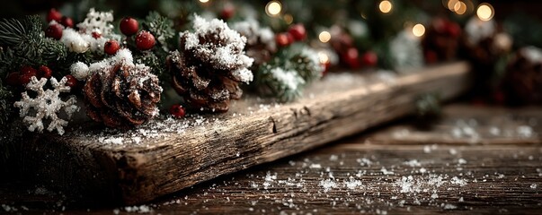 Winter holiday garland decor on rustic wooden background with snowflakes, pine cones, dried flowers, and natural textures