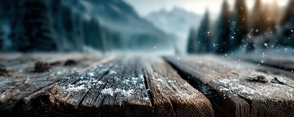 Rustic wooden table in a snowy outdoor setting with pine cones and frosty decor on display