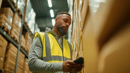 Warehouse Employee Checking Stock on Digital Device in Bright Environment