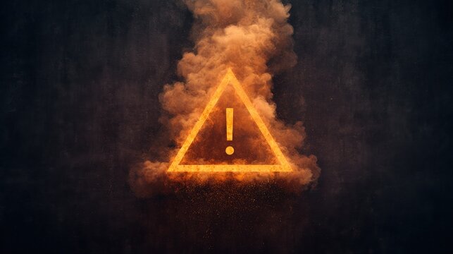 Triangle Warning Icon with Exclamation Mark in Orange Smoke on Dark Background