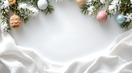 Snowy fir branches decorated with pastel Christmas ornaments and fluffy white fabric on a bright background for winter holiday concept and elegant copy space