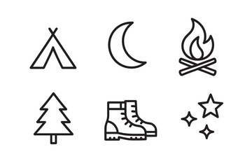 Set of six black line art icons for camping and hiking themes, featuring a tent, moon, campfire, tree, boots, and stars in a minimalist graphic style for outdoor adventure concepts