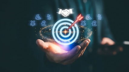 Businessman holding digital target with arrow, currency symbols, and handshake icon, representing financial goal achievement, online business, investment success and global business strategy. Handshak