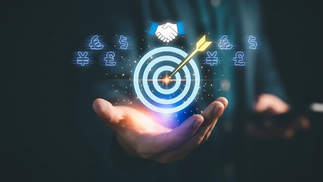 Businessman holding digital target with arrow, currency symbols, and handshake icon, representing financial goal achievement, online business, investment success and global business strategy. Handshak
