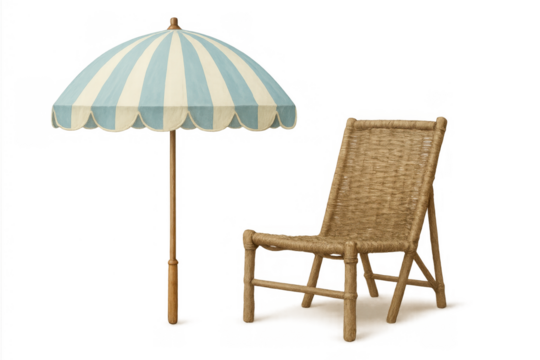 Striped beach umbrella and wicker chair providing comfort and shade for a relaxing summer vacation - Powered by Adobe
