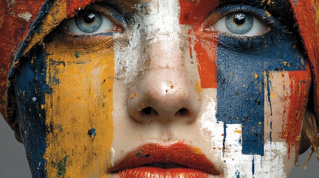 Abstract Face Art: Bold Paint Strokes and Vivid Colors on Skin
