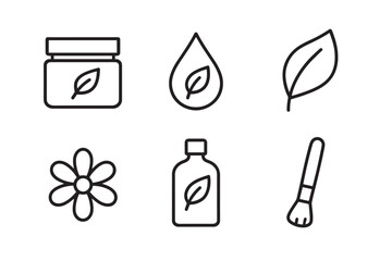 Set of six black line icons representing natural cosmetics and skincare, featuring a cream jar, oil drop, leaf, flower, lotion bottle, and an application brush in a simple outline style