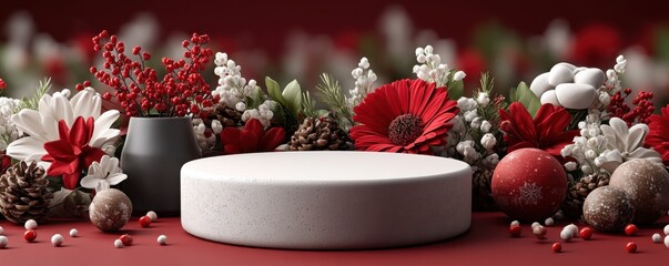 White round podium surrounded by festive Christmas decorations with red berries and pine cones