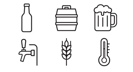 Set of six black line icons representing beer brewing and pub culture, including a bottle, keg, foamy mug, tap, wheat, and thermometer in a minimalist vector style