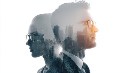 Visionary Business Concept with Double Exposure of Team and Glass Towers