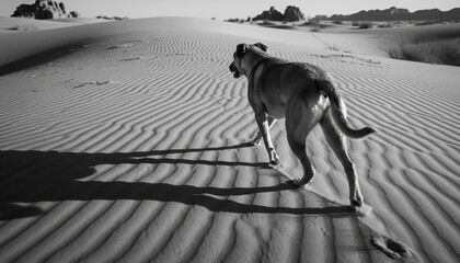 Slender short-haired dog seen from behind walks across vast rippled sand dunes, casting a long shadow in a dramatic black and white desert landscape
