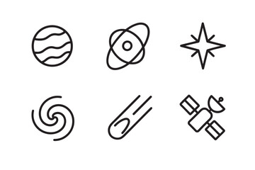Set of six black line icons representing space and astronomy themes, including a planet, galaxy, star, satellite, atom, and meteor, in a clean minimalist vector style