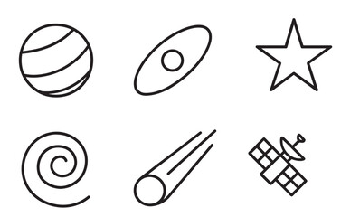 Set of six black line space icons including a planet, galaxy, star, comet, and satellite in a minimalist graphic style for science and astronomy concepts
