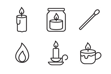 Set of six black line icons depicting candles, a match, and a flame in a minimalist vector style, including a pillar candle, a jar, a candlestick, and a cup