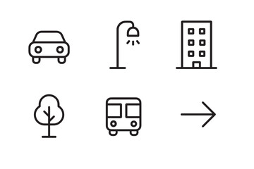 Set of six black line icons representing city life with a car, bus, building, tree, street lamp, and arrow for urban, transportation, and navigation concepts