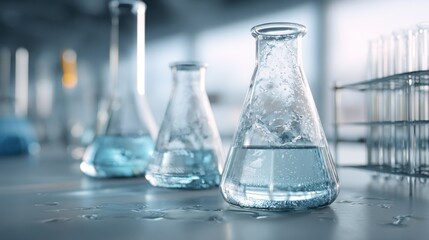 Laboratory glassware containing liquid stands on counter in a clean laboratory